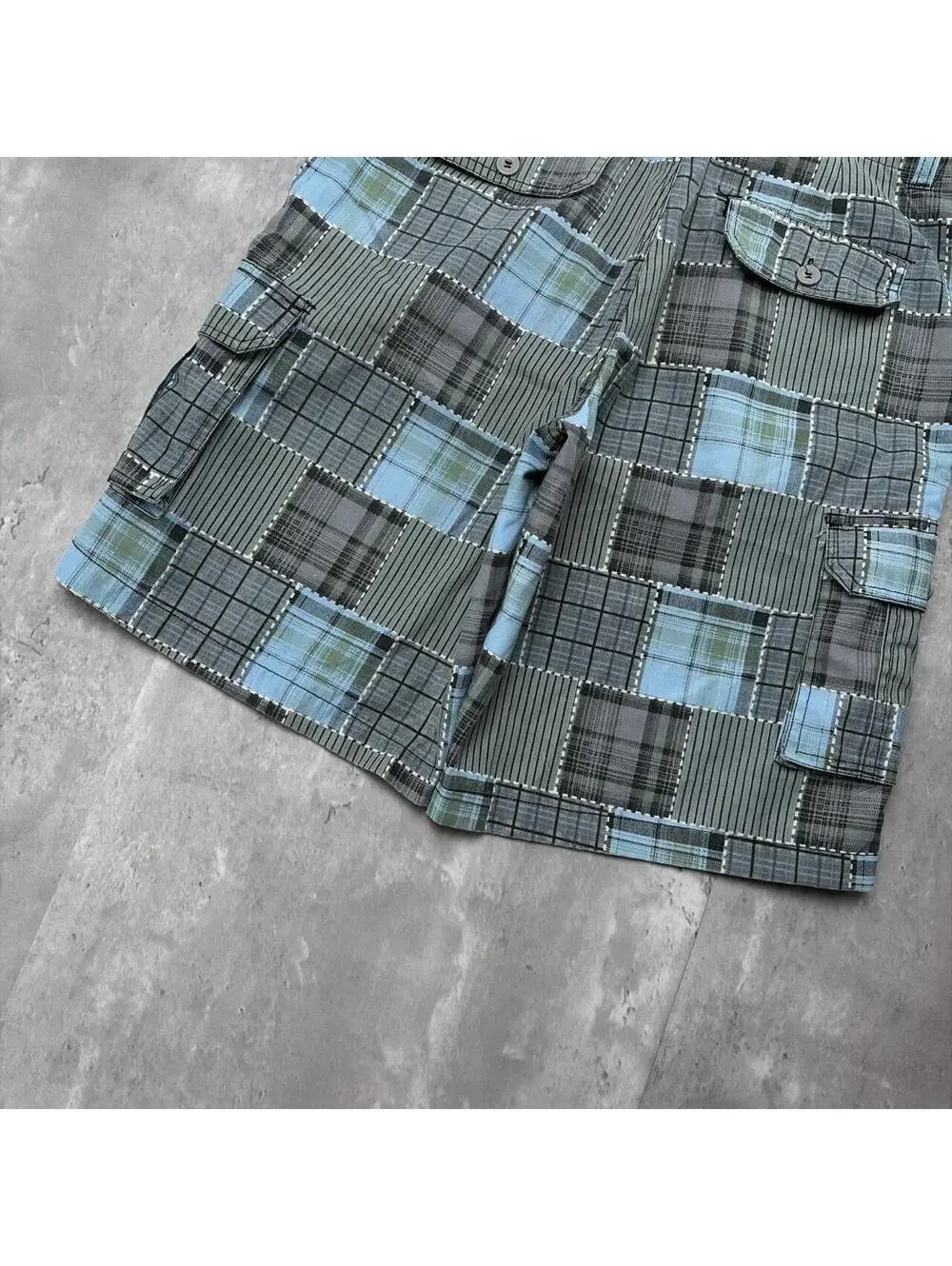 Y2K Teal Sofich Grunge Surf Plaid Baggy Cargo Skater Shorts